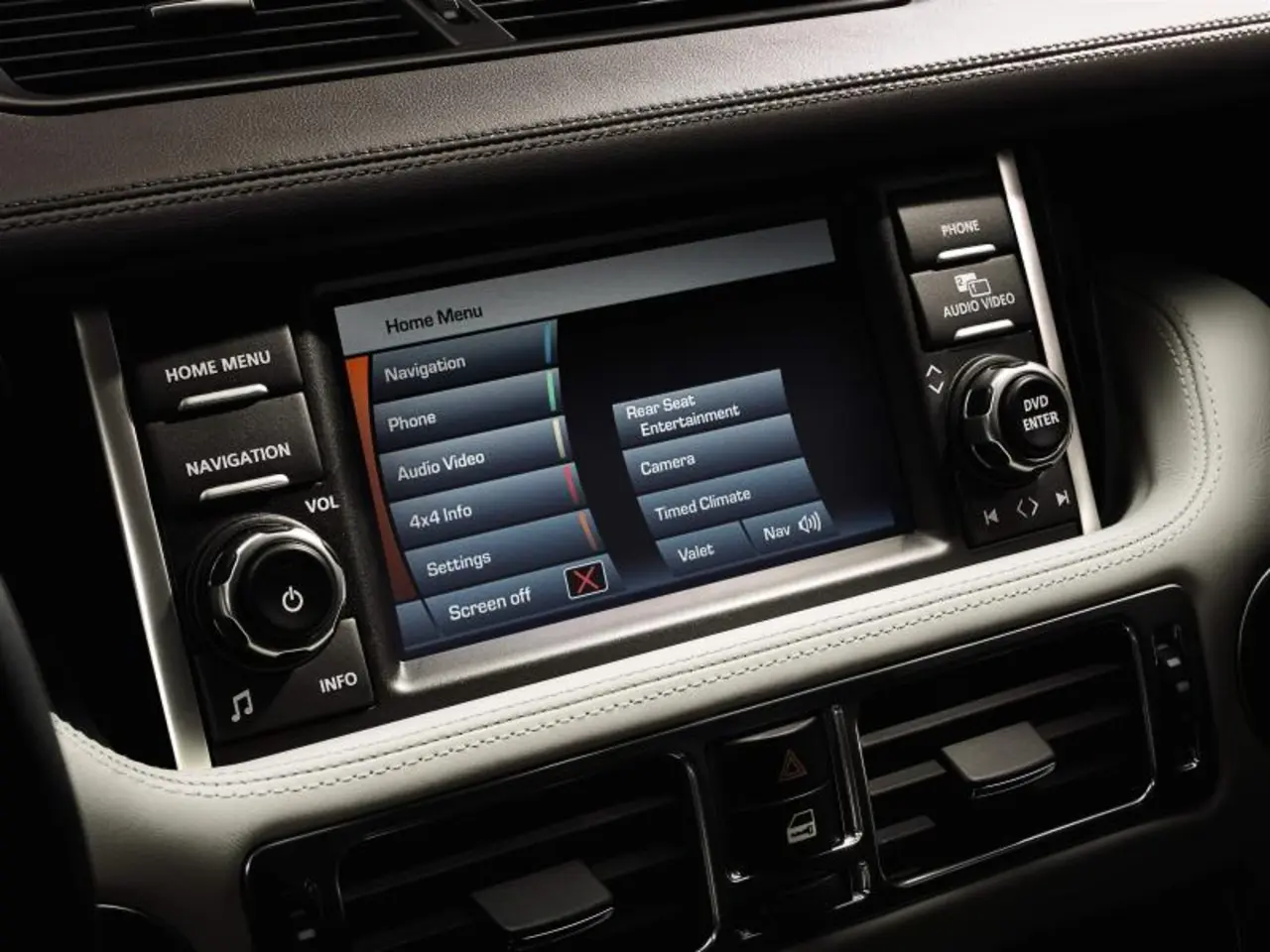 Bild 1. Fahrer (links) und Beifahrer (rechts) werden über das zentrale Display im neuen Range Rover mit unterschiedlichen Informationen versorgt. Aktiviert wird diese Funktion über eine Taste rechts neben dem Display. Bild 1. Fahrer (links) und Beifahrer (rechts) werden über das zentrale Display im neuen Range Rover mit unterschiedlichen Informationen versorgt. Aktiviert wird diese Funktion über eine Taste rechts neben dem Display.