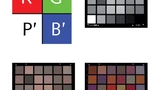 Bild 4. NightBrite-Pixelanordnung und Rohbilder der Farbtafel: P’-Kanal und R’G’B’ vor bzw. nach der virtuellen NIR-Filterung.