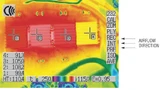 Bild 5: Thermogramm bei serieller Luftkühlung mit einer Lufttemperatur von 75 °C und einer Luftgeschwindigkeit von 400 LFM (von rechts). Die Module sind hier mit BGA-Kühlkörpern versehen.