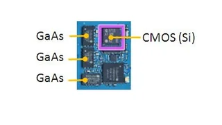 …Deshalb sind GaAs-Bauelemente in der modernen Mobilfunk-Kommunikation unverzichtbar. Hier ein monolithischer Microwave-ICs (MMICs) auf Basis von Galliumarsenid, der in einem Handy eingesetzt wird.