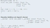 Listing 1. Addition zweier Vektoren. Während im C-Code Element für Element addiert wird, werden mit OpenCL viele Vektorelemente gleichzeitig addiert.