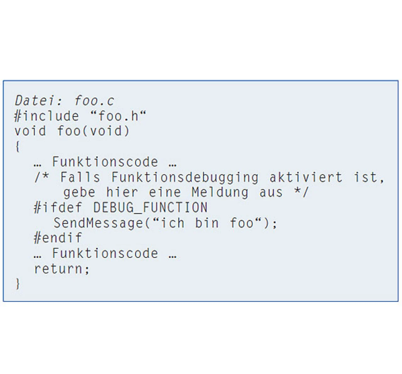 In der C-Datei wird die Konstante "DEBUG_FUNCTION" abgefragt und der Code zum Versenden einer Nachricht eingefügt. In der C-Datei wird die Konstante "DEBUG_FUNCTION" abgefragt und der Code zum Versenden einer Nachricht eingefügt.