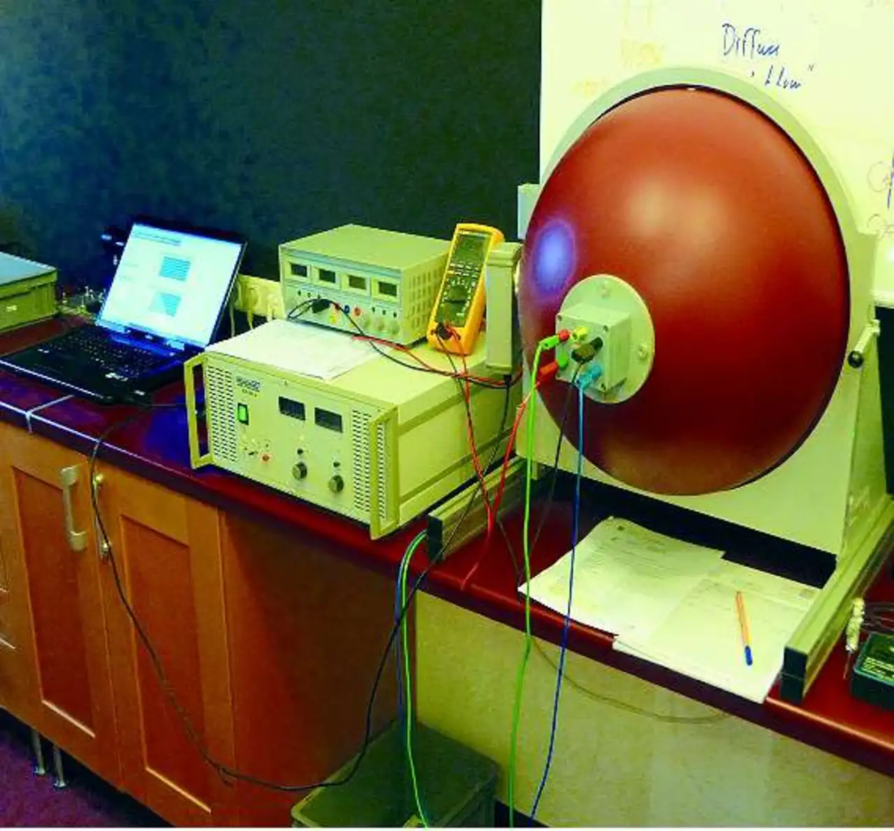 Bild 2: Messanordnung mit Ulbrichtscher Kugel, Light-Analyzer, AC-Spannungskonstanter und weiterem Zubehör Bild 2: Messanordnung mit Ulbrichtscher Kugel, Light-Analyzer, AC-Spannungskonstanter und weiterem Zubehör