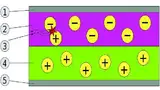 Bild 2: Funktionsprinzip der OLED: 1. Kathode, 2. Emitterschicht, 3. Rekombination der Ladungsträger mit Emission eines Photons, 4. Lochleitungsschicht, 5. Anode