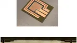 Bild 6. Ein flaches „Leiterplatten“-Gehäuse für Thyristoren. Der eingebettete Thyristor-Chip ist mit vielen Mikrovias mit der Außenlage elektrisch und thermisch leitend verbunden. Darunter der Querschliff, bei dem die vielen Mikrovias zur Ankontaktie