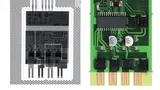 In der Röntgenaufnahme des Leistungsmoduls von Bild 9  sind die vier eingebetteten Leistungshalbleiter-Chips nur als dunkelgraue Vierecke zu erkennen. Daneben das fertig bestückte Leistungsmodul mit eingebetteten IGBTs sieht aus wie eine Standard-SMT
