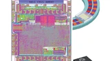 Magnetischer Sensor-Chip iC-MU (3 × 4 mm²), Polscheibe und 16-poliges DFN-Gehäuse (5 × 5 mm²).