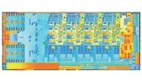 Chipstruktur eines Quadcore-Prozessors der dritten Generation. Im linken Drittel der Grafikprozessor, im oberen Bereich die vier gleichartig strukturierten Cores mit dem darunter liegenden gemeinsamen L3-Cache, rechts Memory-Controller und weitere IO