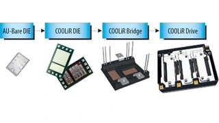 Bild 3. Dünne Chips werden auf einem DBC-Träger montiert (COOLiR2DIE). Zwei davon lassen sich zu einem Halbbrückenmodul COOLiR2BRIDGE kombinieren. Davon wiederum drei bilden einen vollständigen Wechselrichter COOLiR2DRIVE. 