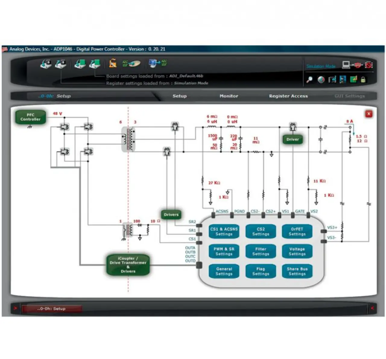 Parametrieren statt Programmieren. Über eine graphische Benutzeroberfläche setzt der Entwickler die Register des ADP1046.