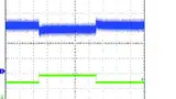 Bild 1: Im PS1-Modus der VR12-Spezifikation ändert sich Vcore (blau) um 20 mV, wenn der Laststrom (grün) sprungartig, also mit einer Rate von 450 A/µs von 4 A auf 20 A und wieder auf 4 A zurück wechselt 