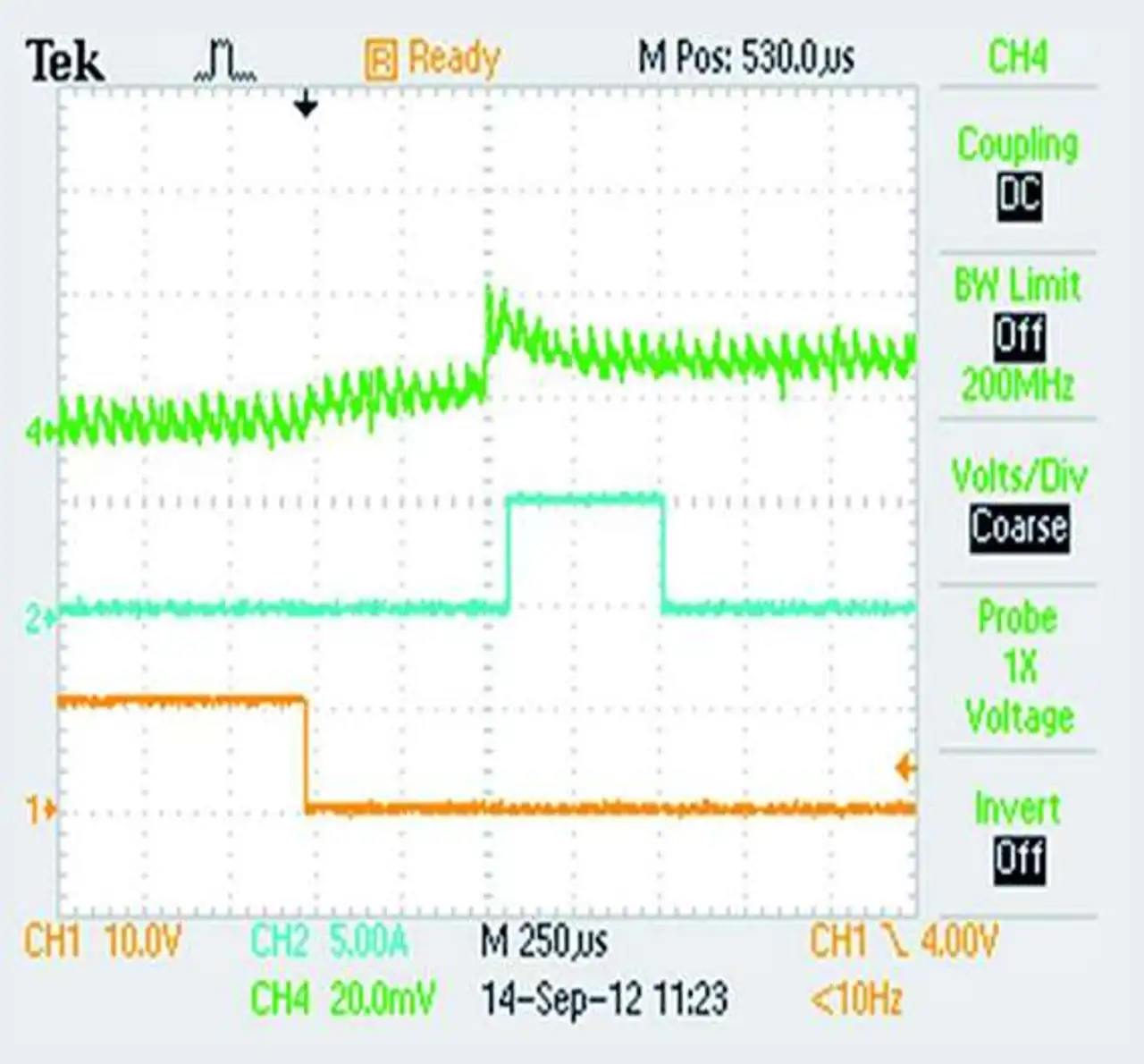 Bild 2: Der Strom (grüne Linie) steigt an, wenn ein Mikrocontroller den Low-Power-Modus verlässt und mit der Code-Ausführung beginnt  Bild 2: Der Strom (grüne Linie) steigt an, wenn ein Mikrocontroller den Low-Power-Modus verlässt und mit der Code-Ausführung beginnt