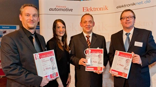 Automatisierung Die Preisträger in dieser Kategorie von links nach rechts: Frank Forster und Andrea Hauptfleisch von Texas Instruments (2. Platz), Thomas Liebetrau von Infineon  (1. Platz),  sowie Reiner Schönrock von Siemens (3. Platz).