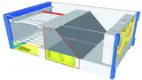 Bild 6: Die markierte trapezförmige Fläche kennzeichnet die Abschottung der Stromversorgung - ausgestattet mit eigenen Lüftern - vom Strömungspfad des PXI-/PXIe-Chassis 