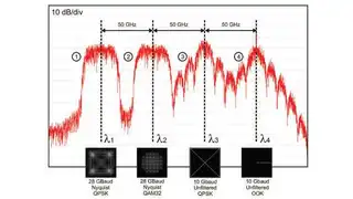 Die spektrale Effizienz optischer Übertragungen lässt sich verbessern, indem sowohl die Amplitude als auch die Phase eines optischen Trägers moduliert wird, was eine kohärente Modulation und Detektion erfordert. Bei einer derartigen WDM-Verbindung nu