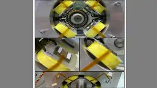 Magnetlager mit flussbasierter Regelung. Insgesamt acht flexible, ultradünne Hallsensoren sind auf den gekrümmten Statorpoloberflächen im Luftspalt (500 μm) montiert 