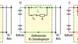 Bild 1. a) Prinzipschaltbild des elektronischen Kurzschlussstrom-Begrenzers. b) Störungsfreier normaler Betriebszustand. c) Strombegrenzung bei Kurzschluss im DC-Netz.