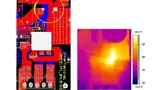Bild 3: Empfohlenes Layout der Leiterplatte eines Leistungsmoduls »IRSM836-025MA« von International Rectifier für einen 93-W-Motor und das entsprechende Wärmebild