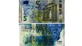 Vor- und Rückseite eines 5-Euro-Scheins, der durch die selbstverteidigende Oberfläche blau eingefärbt wurde. 