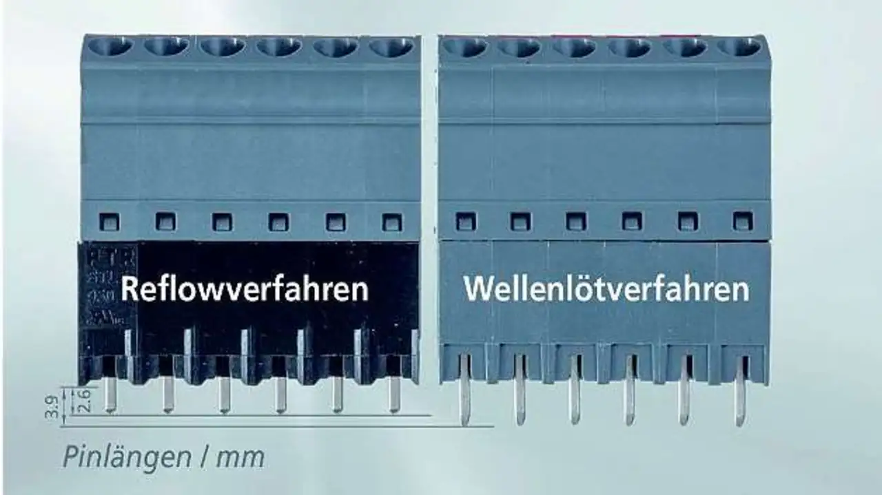 Bild 2: Vergleich der Standard-Anschlussklemme »AK4951« (rechts) mit der fürs Reflowlöten optimierten Ausführung »STL950-HT«  Bild 2: Vergleich der Standard-Anschlussklemme »AK4951« (rechts) mit der fürs Reflowlöten optimierten Ausführung »STL950-HT«
