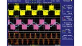 Aus-und Eingangssignale eines Umrichters. Unten das 50-Hz-Netz und oben zwei Phasen des Umrichterausgangs