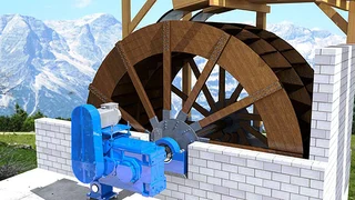Das Mühlrad dreht sich durch Wasserkraft. Das Antriebssystem von Siemens dient dabei als Generator und erzeugt den elektrischen Strom.