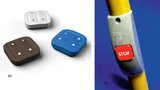 a) Schalter-Tasten mit elektromechanischem Energiewandler und Funkmodul gibt es in verschiedenen Ausführungen. b) Ein Busstopp-Taster arbeitet ebenfalls mit elektromechanischem Energiewandler und Mini-Funkmodul