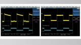 Bild 4: Reaktion auf einen Lastsprung von 25 A auf 125 A vor (links) und nach (rechts) der Autotuning-Prozedur (Spannung: gelb; Strom: blau) 