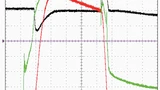 Bild 4. Kollektorstrom und -spannung sowie Gate-Spannung im Kurzschlussfall bei 3000 V, 125 °C, UGE = 17 V (UCE = 500 V/div; IC = 1,3 kA/div; UGE = 10 V/div). 
