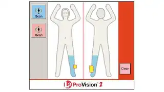 Der Scan-Vorgang wird manuell gestartet – blauer Button für Männlein, rosa Button für Weiblein. Das Ergebnis des Scans ist für den Sicherheitsbeamten auf dem Monitor zu sehen. Potentiell gefährliche Gegenstände und deren Aufbewahrungsort werden als g