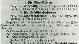 Die Veröffentlichung des Eintrags ins Handelsregister des Amtsgerichts Tettnang am 9. September 1915 