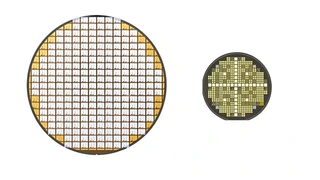 Links: Silizium-Leistungshalbleiter-Wafer, rechts:  Right: SiC-Leistungshalbleiter-Wafer (Transistor)