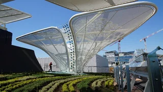 Zentrales Gestaltungselement sind die so genannten »Ideen-Keimlinge«, stilisierte Pflanzen, die aus der Ausstellung empor sprießen und ihr Blätterdach über dem Pavillon entfalten.
