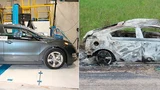 Bild 2. Ein Chevrolet Volt: unversehrt und nach dem Batteriebrand.
