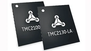 Bei den Bausteinen TMC2100-LA und TMC2130-LA von Trinamic handelt es sich um leise Schrittmotor-Treiber einschließlich Mikroschritt-Interpolation (bis zu 256 Mi­kroschritte pro Vollschritt) und sensorloser Last-Erkennung. Der Schrittmotor-Treiber TMC