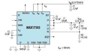 Durch den Einsatz von Hochvolt-Point-of-Load-Gleichspannungswandlern wie dem MAX17503 können Digital-, Analog- und Mixed-Signal-Verbraucher direkt an Eingangsspannungen bis 60 V betrieben werden, ohne dass eine zwischengeschaltete DC-DC-Wandlung nöti