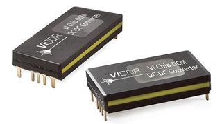 Vicors isolierte und geregelte DC/DC-Wandlerserie DCM bietet nominale Uin von 24, 28, 48, 270, 290 und 300 V; nominale Uout: 5, 12, 15, 14, 28, 36 und 48 V. Der typ. Wirkungsgrad liegt bei 93 %. An den Ausgängen können ChiP- und SiP-PoL-Regler angesc