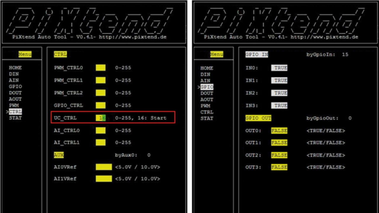 Bild 6: Das Programm pxauto eignet sich für erste Tests. Zunächst (links) ist die SPI-Kommunikation zwischen dem Raspberry Pi und dem ATmega32 durch Schreiben des Wertes »16« in das UC_CTRL-Register zu aktivieren. Daraufhin (rechts) können Daten gele