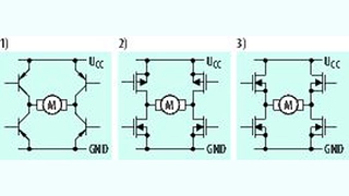 Verwendung verschiedener Transistoren: 1) Kombination aus pnp- und npn-Bipolar-Transistoren; 2) Kombination aus p- und n-­Kanal-MOSFETs; 3) Kombination aus n- und n-Kanal-MOSFETs.