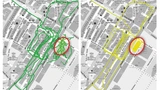 In Großstädten wie Singapur fällt der Vergleich zwischen reiner satellitenbasierter Positionsbestimmung (links) und der sensorunterstützten Positionsberechnung (Koppelnavigation, rechts) besonders deutlich aus