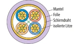 Querschnitt eines 4-adrigen Kabels mit zwei differenziellen Paaren (blau und braun) in Sternvierer-Anordnung: durch die Symmetrie liegt ein Paar in der Äquipotenzialebene (grüne Linie) des jeweils anderen, wodurch Übersprechen minimiert wird