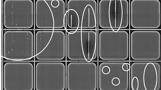 Photolumineszenz-Aufnahme einer Siliziumkarbid-Halbleiterscheibe mit teilprozessierten Bauelemen-ten. Markiert sind auffällige Strukturen, die zu funktionsunfähigen oder im Betrieb unzuverlässigen Bauelementen führen.
