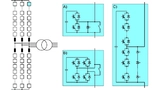 Selbstgeführter HGÜ-Umrichter: Modularer Multilevel-Umrichter (MMC). A) mit Halbbrückenmodulen; B) mit Vollbrückenmodulen; C) mit Halbbrückenmodulen und interner IGBT-Reihenschaltung.