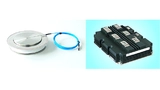 Leistungshalbleiter für Hochspannungs-Gleichstrom-Übertragung. Links: lichtgezündeter ­Thyristor; rechts: IGBT-Modul.
