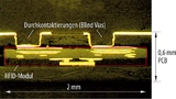 Schliffbild durch eine Leiterplatte mit eingebettetem RFID-Modul und Ankontaktierung.