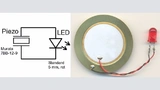 Bild 2: Einfaches Energy Harvesting: Beim Biegen des Piezoelementes (Buzzer) leuchtet die LED kurz auf. 