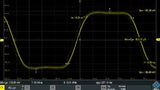 Rechtecksignal des internen Frequenzgenerator an seiner Bandkante (10 MHz). Quick-Meas gibt 14,39 ns Anstiegszeit an. 