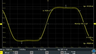 Rechtecksignal des internen Frequenzgenerator an seiner Bandkante (10 MHz). Quick-Meas gibt 14,39 ns Anstiegszeit an. 