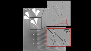 Rasterelektronenmikroskopische Aufnahme eines Netzwerks aus nanofabrizierten Kanälen in drei Vergrößerungen. Die Kanalstrukturen und Kreuzungen sind wenige Hundert Nanometer schmal. Sie werden mittels Elektronenstrahl- Nanolithographie gefertigt und 