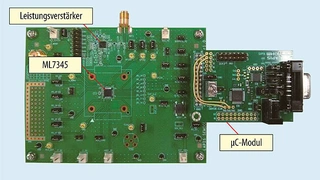 Das Evaluation Board ML7345+PA verfügt über einen integrierten Leistungsverstärker und über einen Steckverbinder zum Anschluss eines Mikrocontrollermoduls